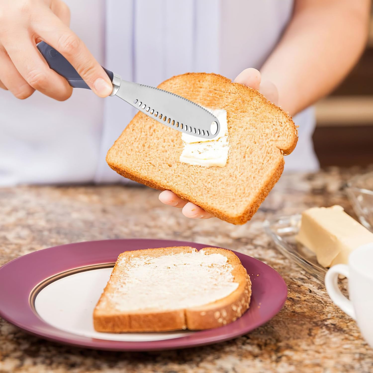 LemonBest Butter Knife - 3-in-1 Stainless Steel Butter Spreader Knife Slicer with Wooden Handle Butter Cutter Butter Grater Kitchen Gadgets for