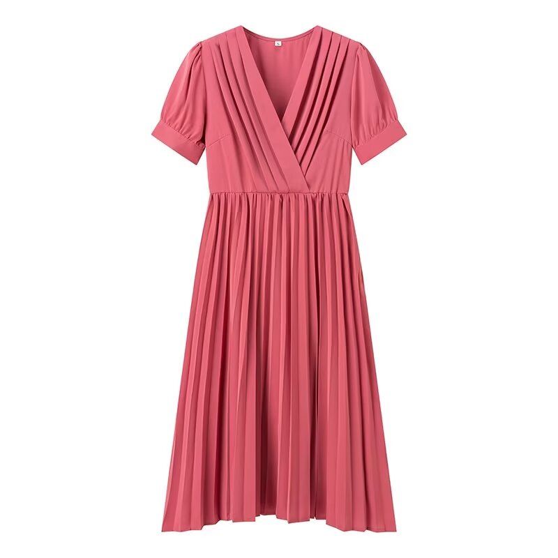 

Kaslead New Arrival Women s Clothing Fashion Style Fashion French Style Temperament V Neck Long Pleated Dress Picture Color L