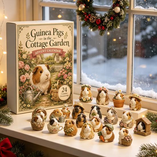 Retro Pastorale Stil Dekorations-Weihnachts-Adventskalender mit 24 Meerschweinchen, Gartenthema Niedliches Geschenk für Meerschweinchen-Liebhaber Tierfiguren, Dekorativ