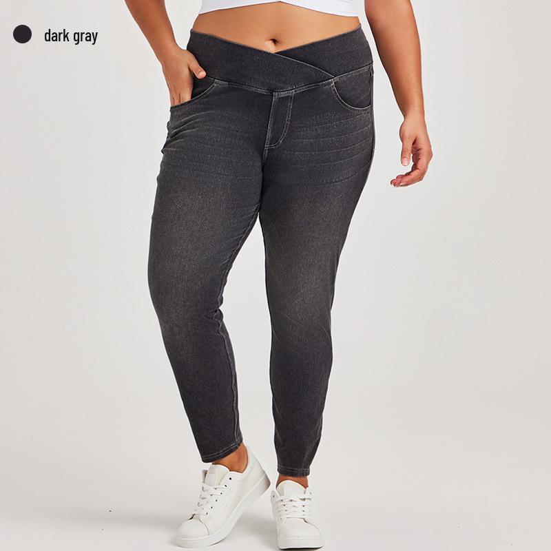 Cross-Waist Plus Size Skinny Jeans with Butt-Lifting Pockets & Monkey Wash