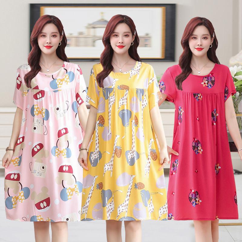 Women's Cotton Silk Mid-Length Nightgown - Summer Pajamas Plus Size Homewear for Middle-Aged and Elderly