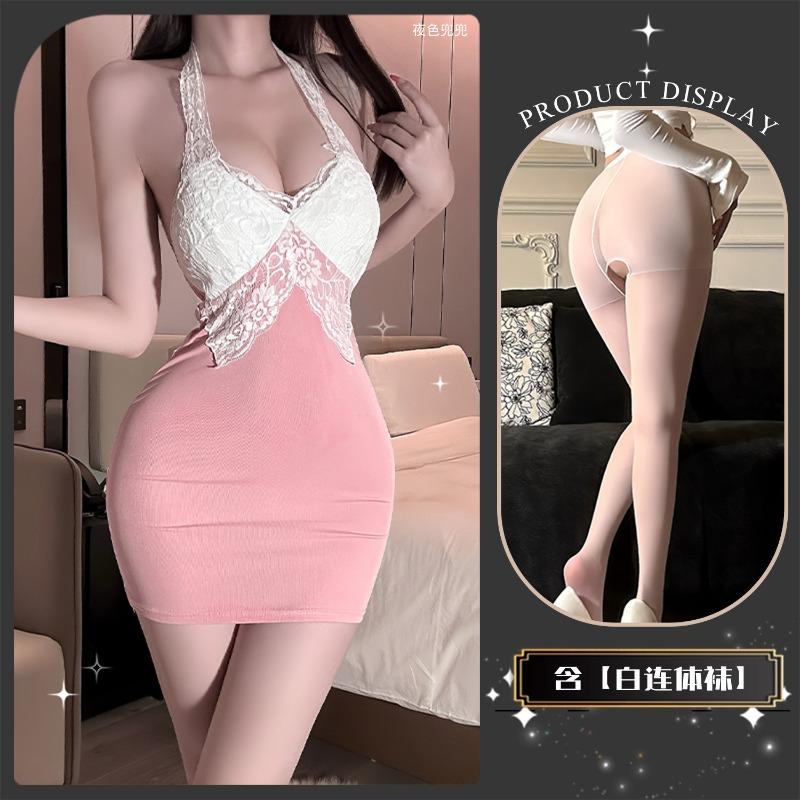 Chaomu Erotic Underwear Temperament Sexy Pure Desire Low Neck Hip Skirt Suspender Dress Lace Splicing Qqny