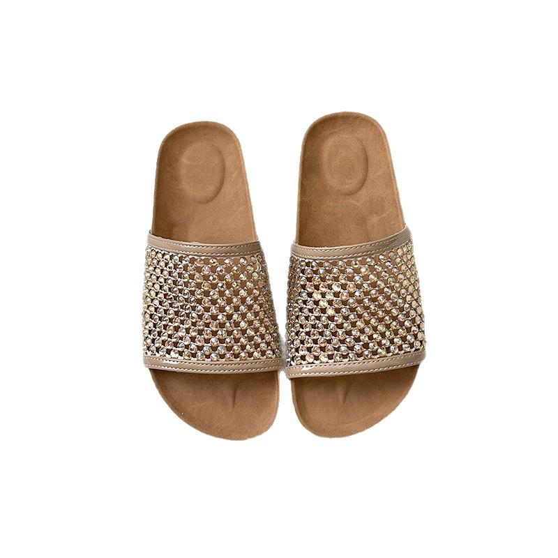 New one-word cool slippers for women's summer wear 2025 new retro mesh hollow rhinestone lazy slippers