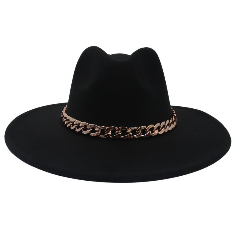 Big Brim Gold Acrylic Chain Felt Hat Solid Color Cashmere Jazz Hat French Top Hat