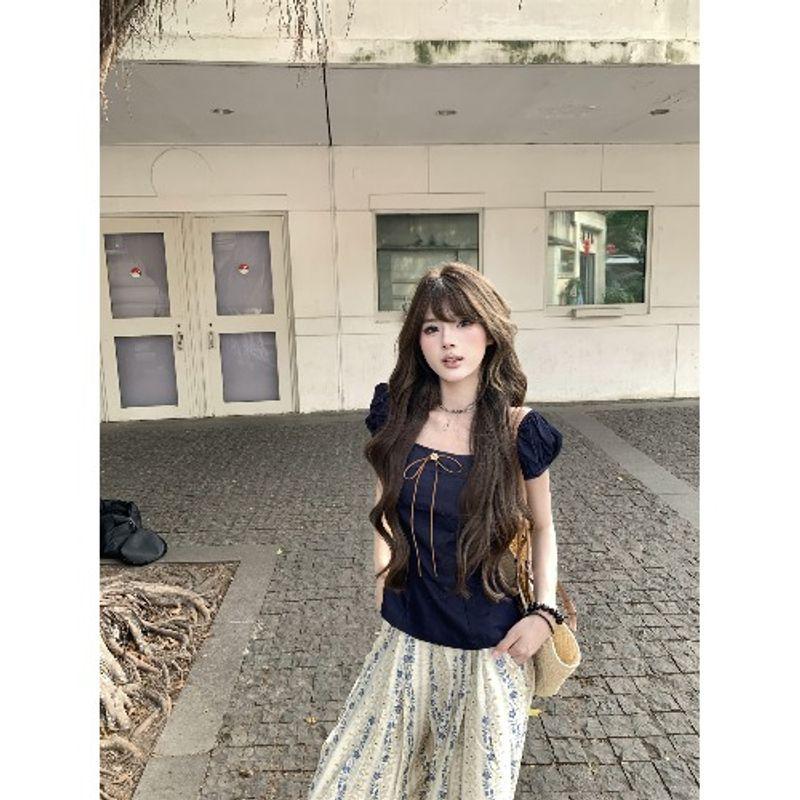 

Kumikumi Sweet Style Set Elegant Square Collar Short sleeve Shirts Women Summer Retro Floral Casual Pants Two-piece Set Navy Tops L