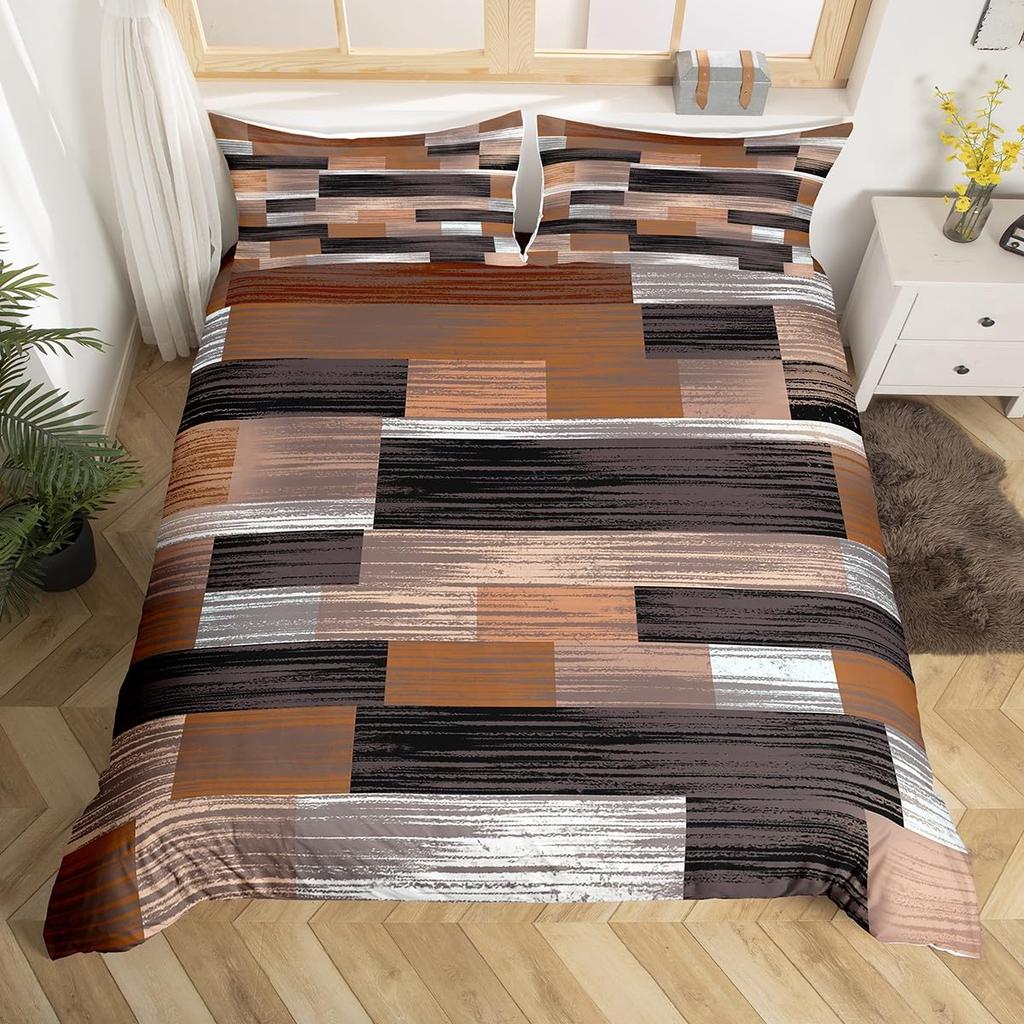 Geometric Bedding Set,Patchwork Plaid Duvet Cover Twin King for Teens Adults,Retro Vintage Comforter Cover,Wooden Plank Bed Set