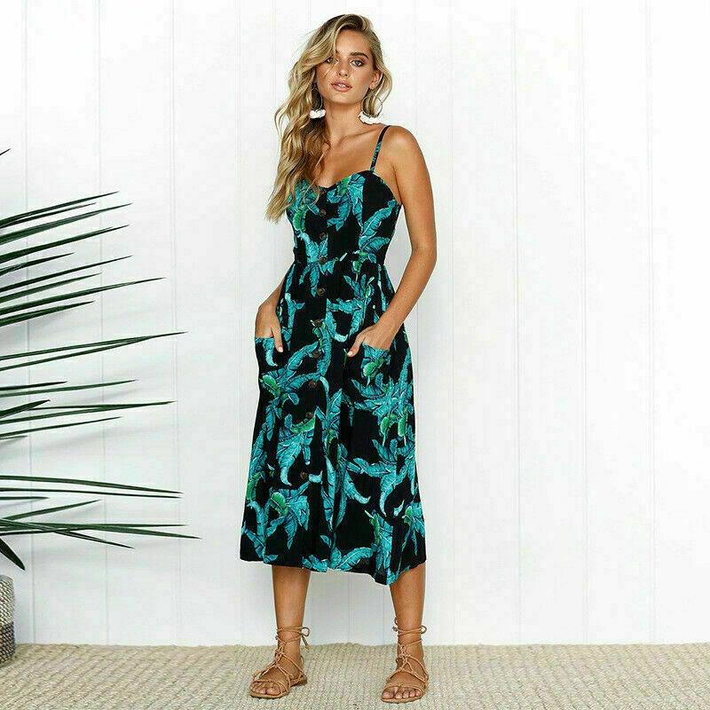 Stylish Boho Women's Summer Beach Midi Dress With Strappy Design And Button Pockets