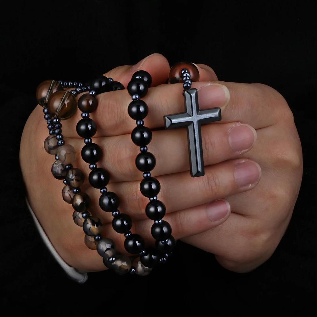 Catholic Black Dragon Agate Smoky Crystal Rosary Beads Necklace Hematite Cross Pendant Necklace Prayer Meditation Jewelry
