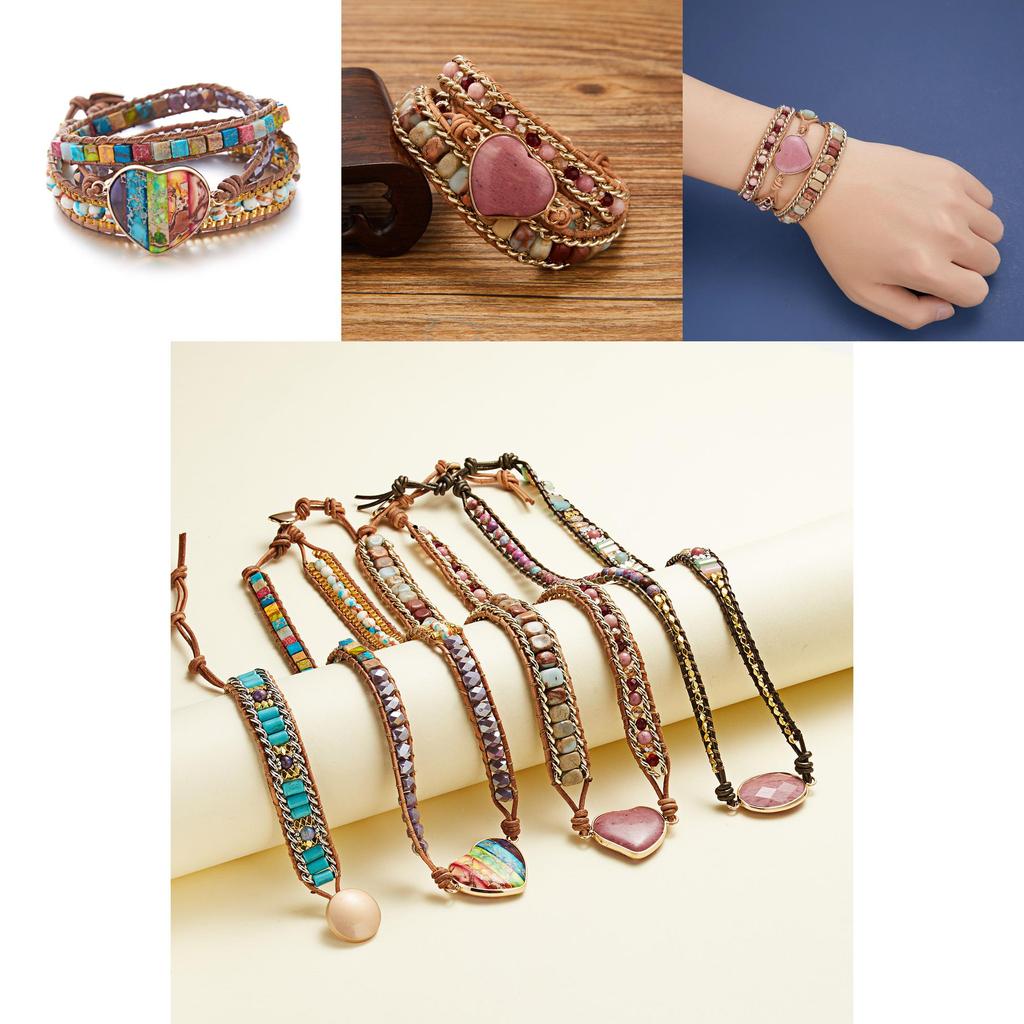 Three Layer Winding Leather Beaded Bracelet With Agate Stones For Women Gift