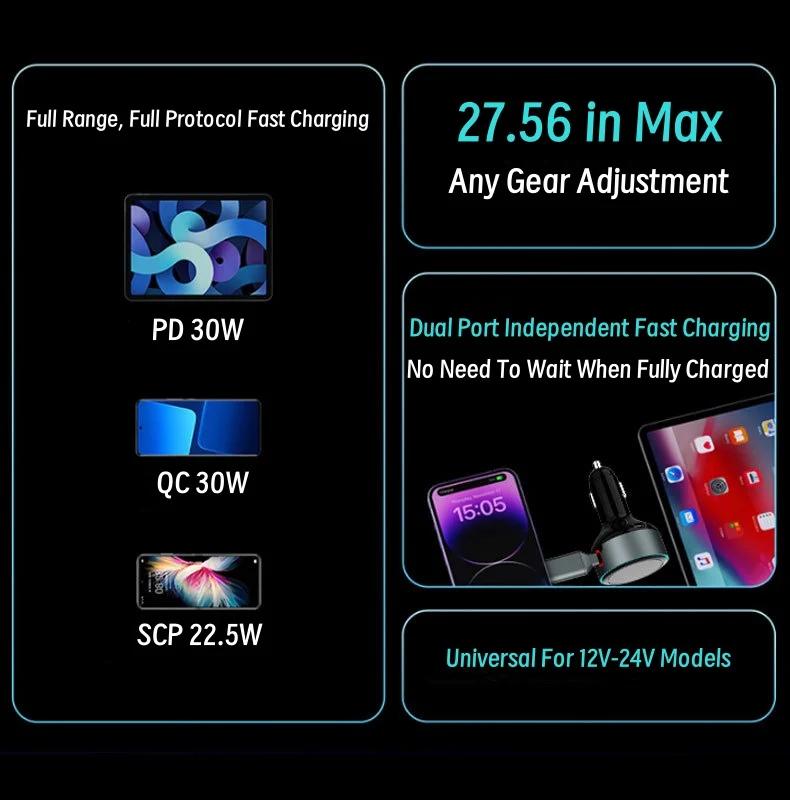 New Fashionable Cigarette Lighter Plug 60W Stretchable Car Charger PD30W Fast Charging with Cable Telescopic Car Charger