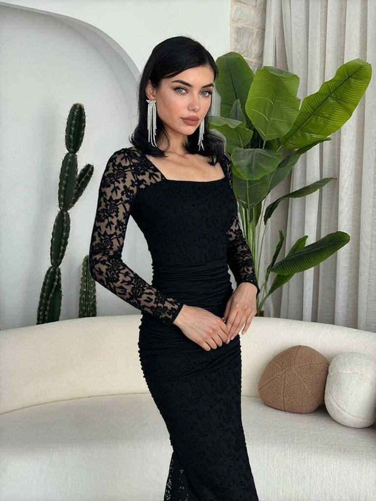 Autumn Winter Women's Elegant Lace Square Neck Pleated Long Dress