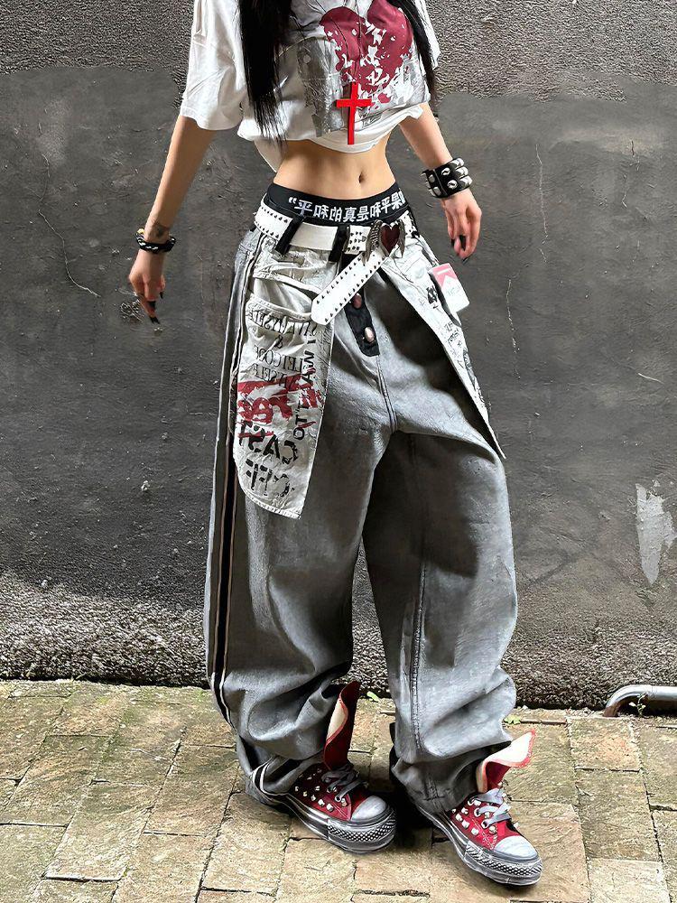American Retro Street Style Women's Summer Jeans with Inside-Out Design and Large Pockets