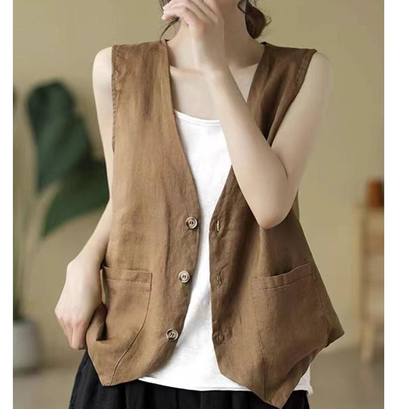 Women Loose Fit Short Linen Vest With Button Detail And V Neck Summer Casual Wear