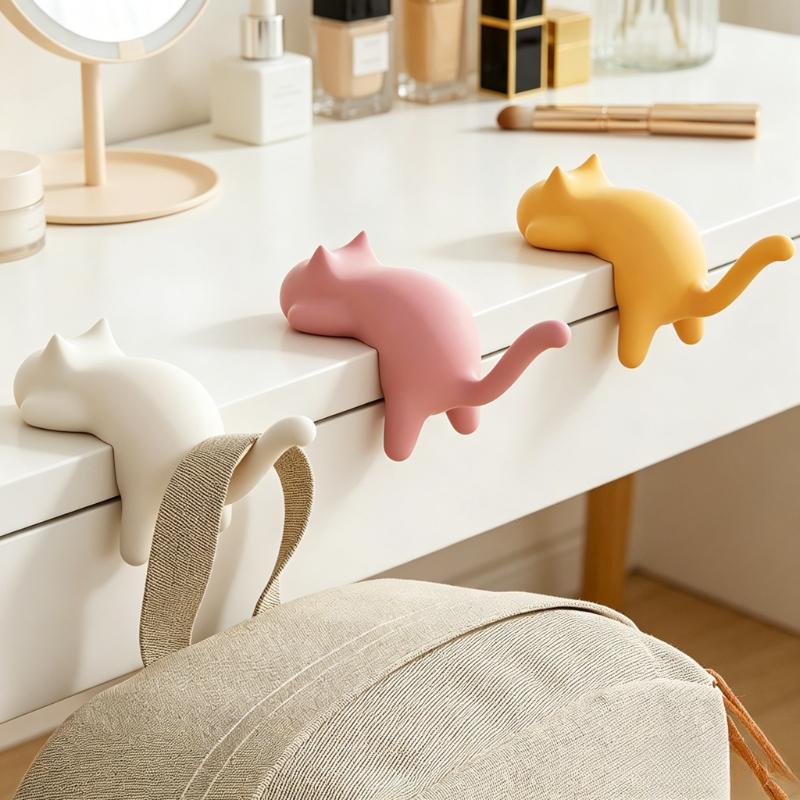 Cute Cat Shaped Table Edge Hooks Adhesive Free Desk Hanger for Bag Key Headphone Office Home Desk Organizer Hook for Hanging