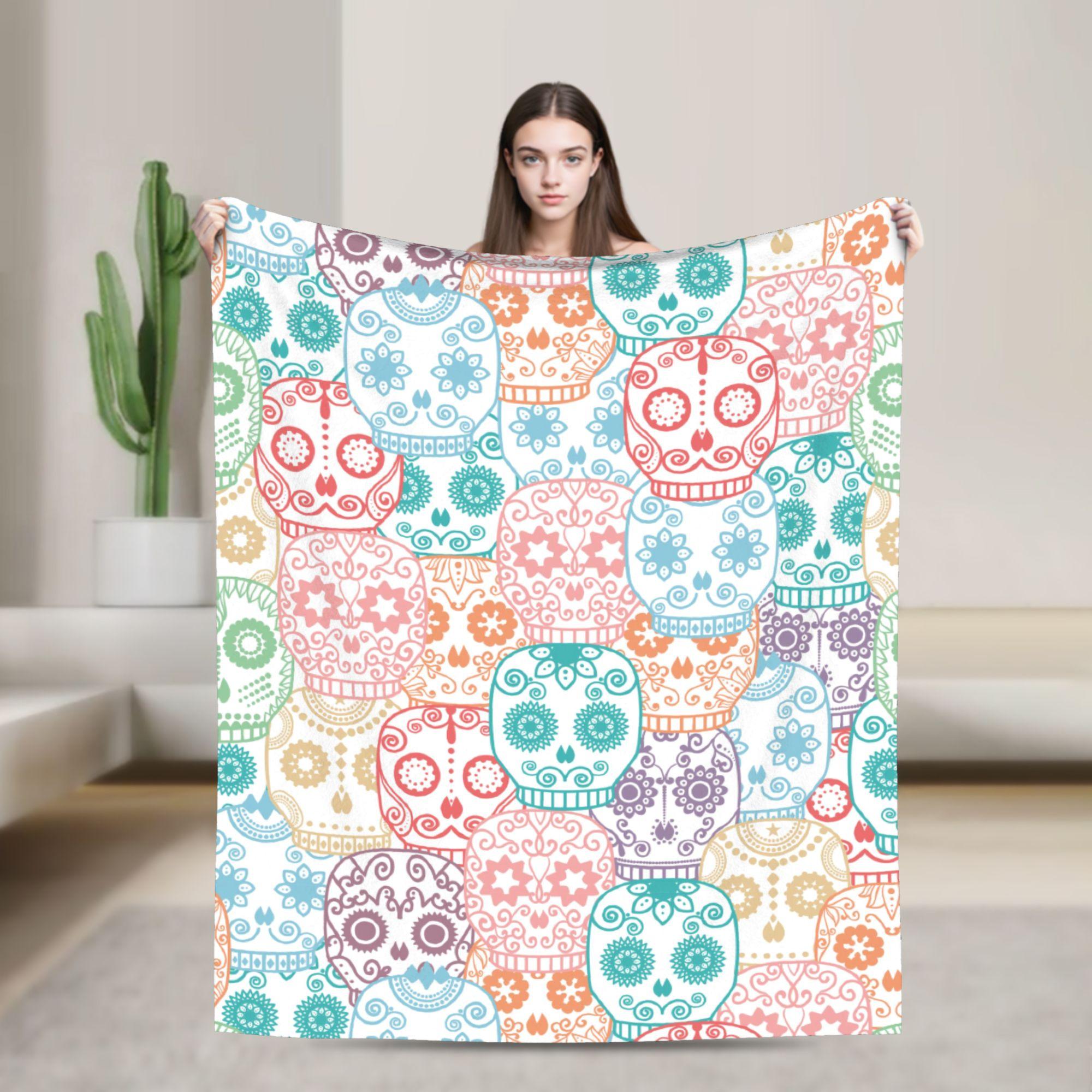 

Floral Skull Blanket Cover Psychedelic Fashionable Flannel Throw Blanket Summer Air Conditioning Decoration Soft Warm Bedsprea 100x150cm
