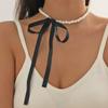 Korean Romantic Imitation Pearl Beaded Choker Fashion Black Velvet Adjustable Bow Necklace Banquet Wedding Jewelry