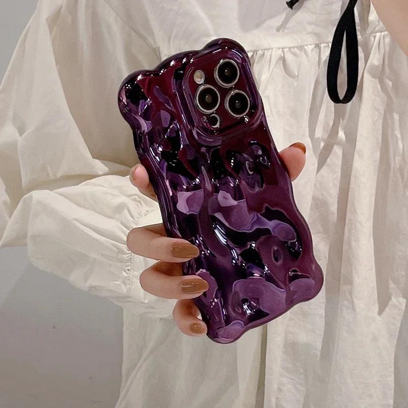 Luxury Plating Wrinkle Wavy Curly Edge Phone Case For 17 16 15 12 13 14 Pro Max 3D Unevenness Camera Protection Cover