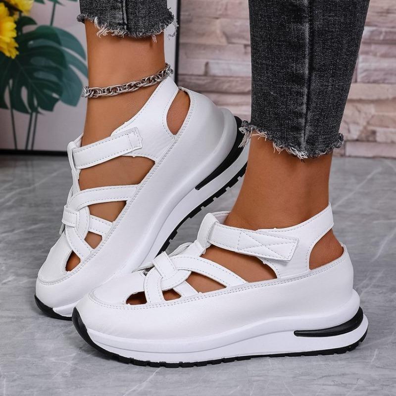 Women's Wide Width Platform Sandals, Cutout Peep-Toe Wedge Flats, Velcro Strap Breathable Shoes for Women