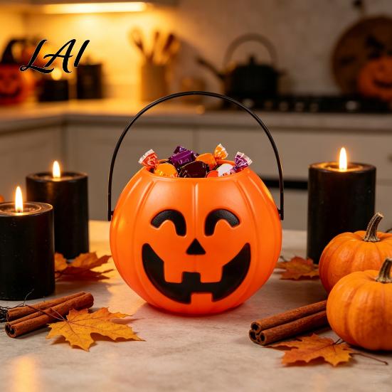 Plastic Candy Holders Halloween Pumpkin Bucket Treat Holder with Handle Trick or Containers Party Favor Storage Container Trick-or-Treat Gift Bag,