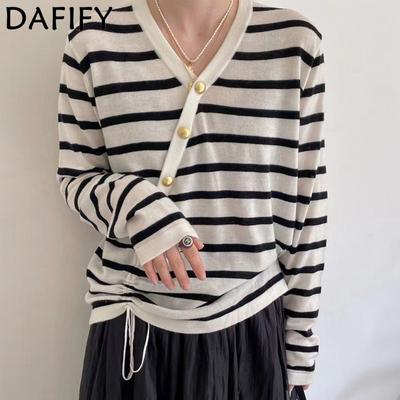 Women's Fashion Casual Fall Winter Stripe Print Long Sleeve V-Neck Sweaters