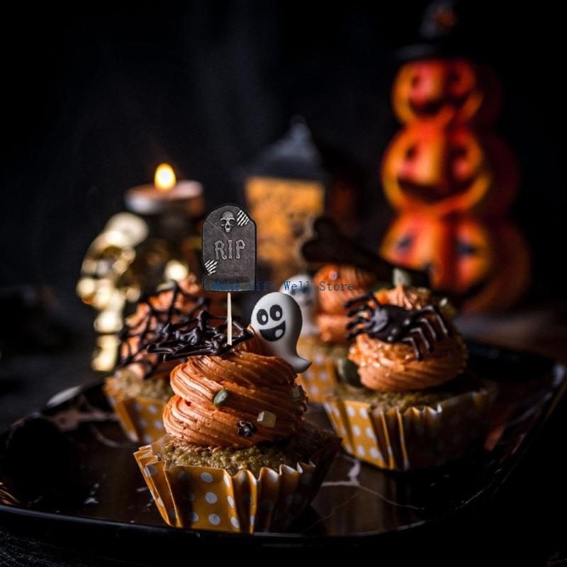 Halloween Baking 48Pcs Tombstones Cupcake Toppers Graveyard Decoration With Novelty Shovel Spoons For Parties