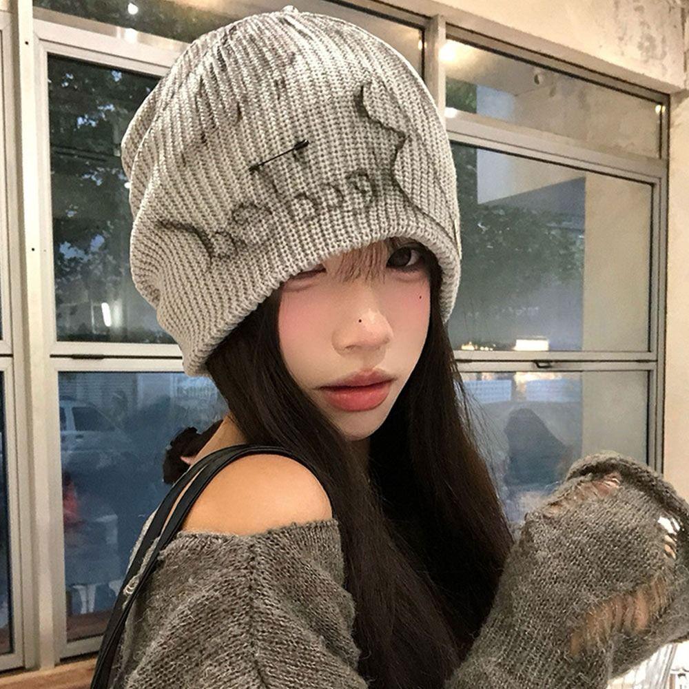 Cute Multicolor Knitted Wool Hat Letter Big Head Circumference Stacked Hat Painting Bowknot Foldable Knit Hat Girl