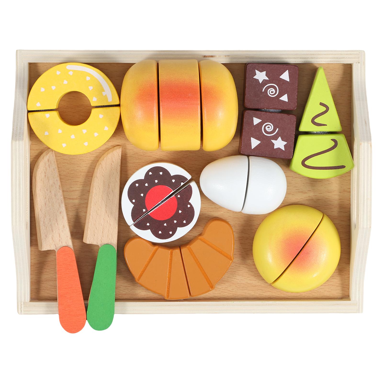 

Play Food Sets for Kids Kitchen 11 PCS Wood Pretend Play Cutting Toy Food with Tray Kitchen Accessories Playset Party Favor Gift