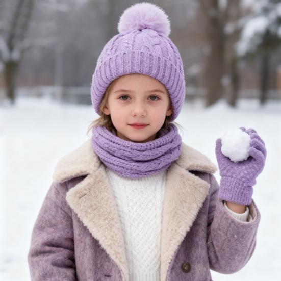 Yousheng 3Pcs/Set Kids Hat Scarf Gloves Set Colorful Twist Texture Hat Thickened Plush Lining Neck Gaiter Knitted Gloves Set