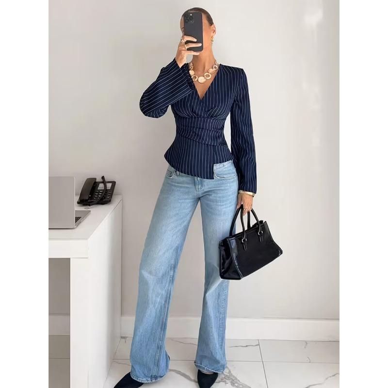 Women S Fashion Long Sleeve V Neck Striped Slim Fit Shirt