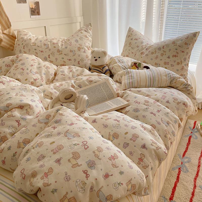 100% Pure Cotton Bed Four-piece Set Skin-friendly Water Wash Bed Sheet Quilt Cover Pillowcase Set