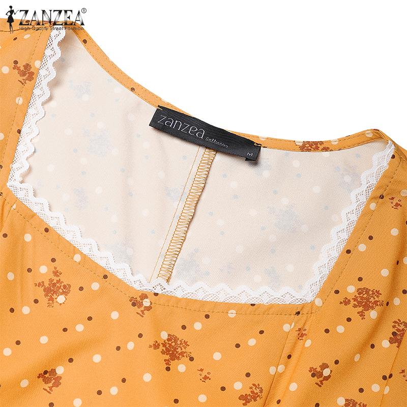 ZANZEA Women Lace Splice Square Neck Casual Short Sleeve Print Dress