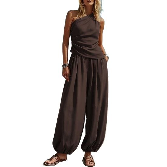 

Women Tank Top Pants Two Piece Set Summer One-shoulder Sleeveless Shirt Trousers Solid Color Breathable Loose Casual Top Pants Suit M коричневий