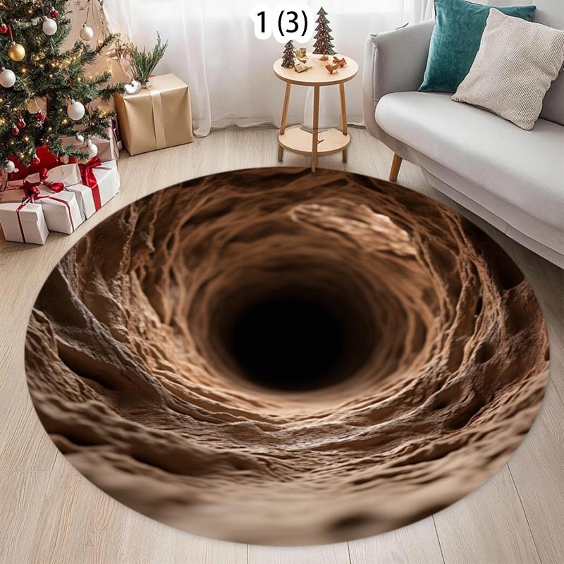2D Cave Illusion Round Rug, Optical Illusion Rock Pit Print Floor Mat, Non-Slip Novelty Carpet, Fun Gamer Room Decor  Carpets