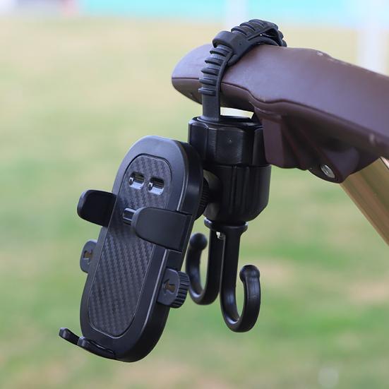 Stroller Hook Phone Stand Organizer 360 Degree Rotation Storage Hook Dual Function Stroller Phone Holder for Shopping Bags Bike Black