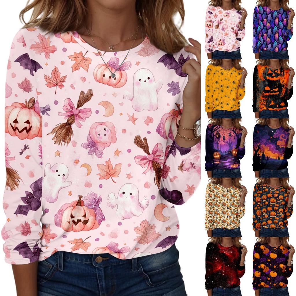 Women's Fashion Casual Long Sleeve Halloween Print Pullover Sweatshirt Crew Neck Top for Fall Seasonal Wear