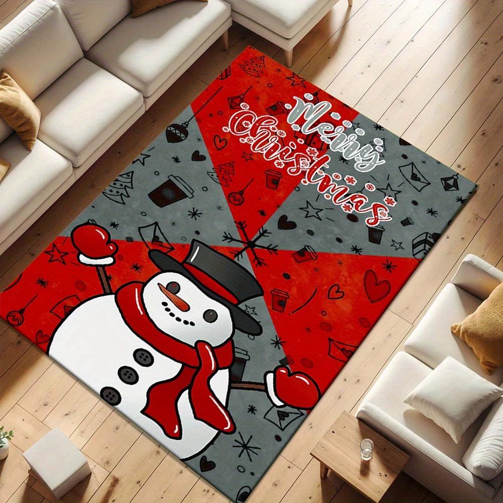 1pc Christmas Themed Rug, Merry Christmas and Cute Snowman Print, Bedside Carpet, Non slip Laundry Room Mat, Machine Washable Water Absorbin