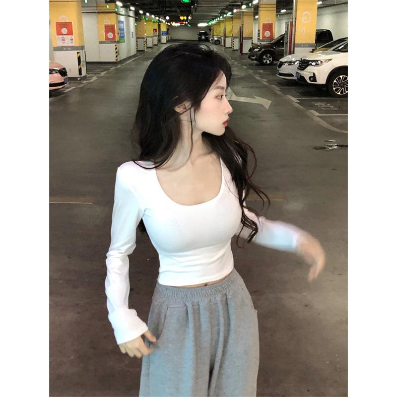 Autumn New Pure Wind Spice Girl Big U Neck Slim Slim Short White Long-sleeved T-shirt Top Women's Fashion