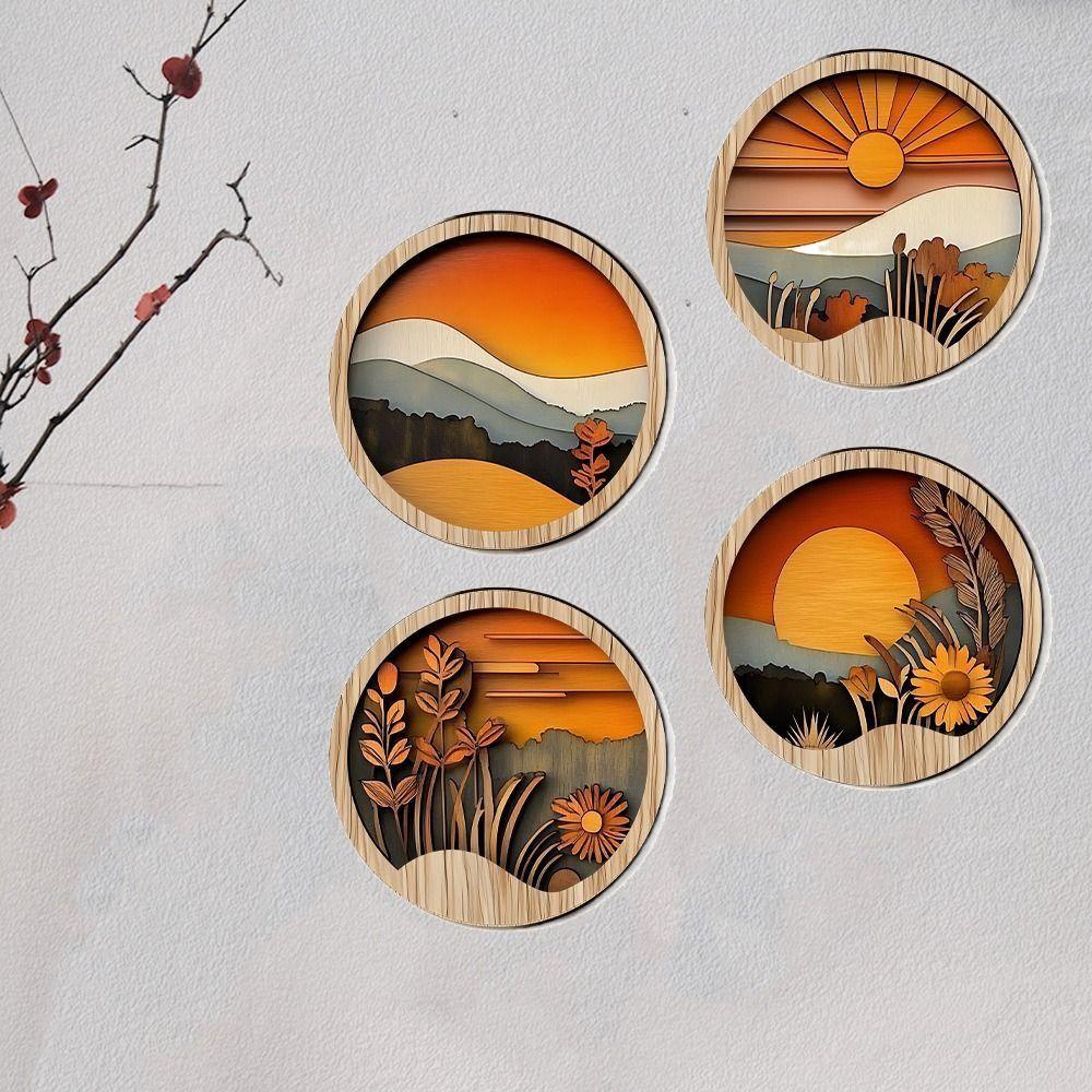 4Pcs Wooden Farmland Scenery Wall Hanging Round Exquisite Background Pendant Bohemian Style Frames Aesthetic Ornament Gift