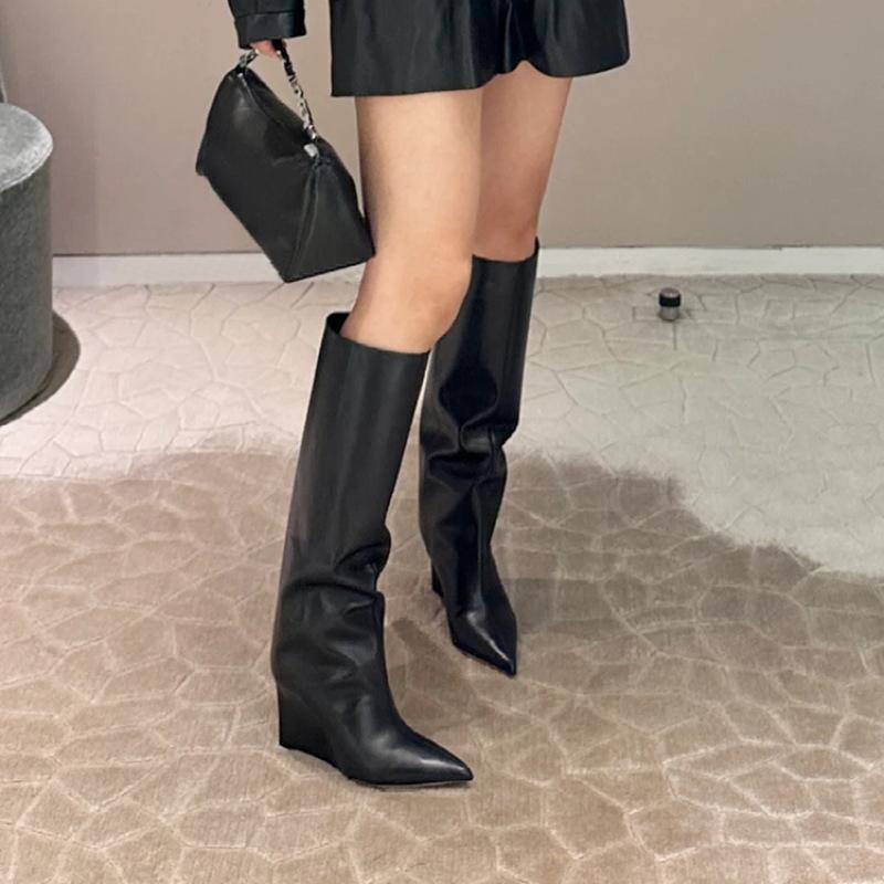 European and American pointed-toed wedge-heeled straight boots women's 2025 autumn new leather boots slim tall knight boots long boots