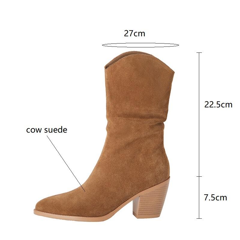 Fashion 2025 Autumn Cow Suede Women Boots Pointed Toe Chunky Heels Boots for Women Winter Boots Mid-calf Boots High Heels Zapatos Mujer