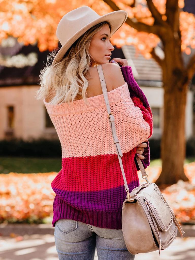 Women's Autumn Winter Knit Set Sweater Loose Patchwork Color One-Shoulder Crewneck Pullover