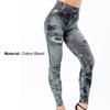 Multi Pockets Skinny Imitation Jeans Leggings Hip Lifting Ripped Holes Print Mid Waist Elastic Pants for Sports