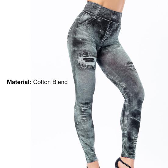 Multi Pockets Skinny Imitation Jeans Leggings Hip Lifting Ripped Holes Print Mid Waist Elastic Pants for Sports