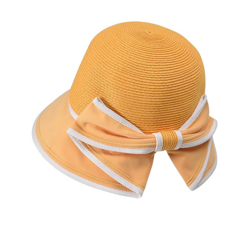 8456 Spring and summer bow bucket hat travel versatile sun hat children splicing sunscreen shade straw hat