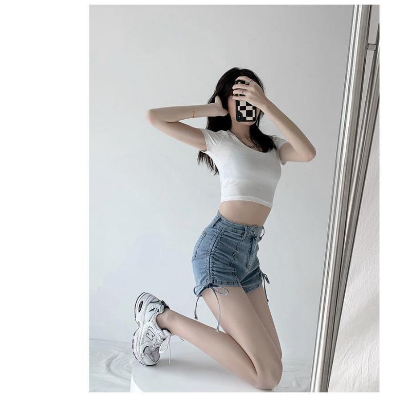 Pantaloni scurți din denim cu șnur pentru femei, design de vară, talie înaltă, elastic, subțiere, strâmți, cu picior lat