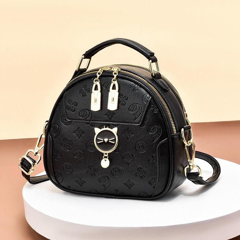 Korean Wide Strap Girl Crossbody Bag Fashion Contrast Women's Shoulder Bag Simple and Cute Girl Round Bag Metal Decoration PU
