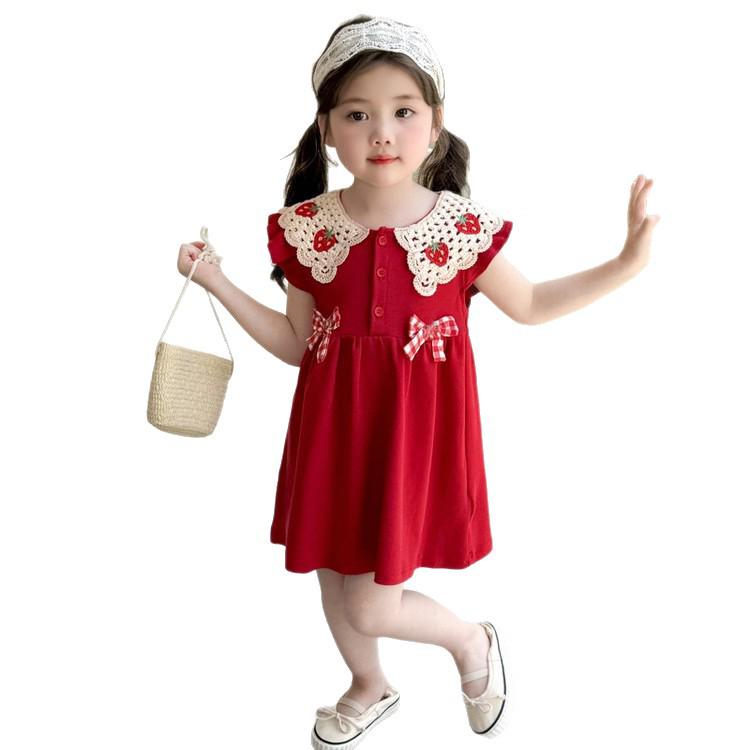 Red Strawberry Princess Dress with Flutter Sleeves for European and American Girls