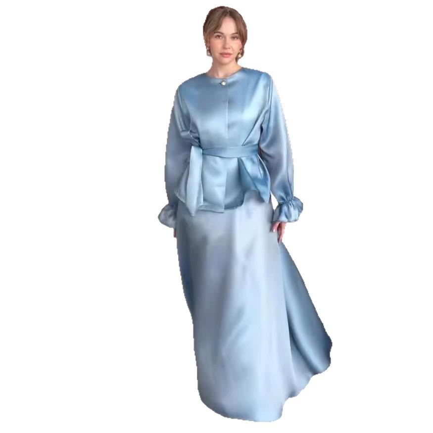 Cross-border European and American women's clothing Amazon sexy round neck satin lace-up long-sleeved French sweet straight skirt