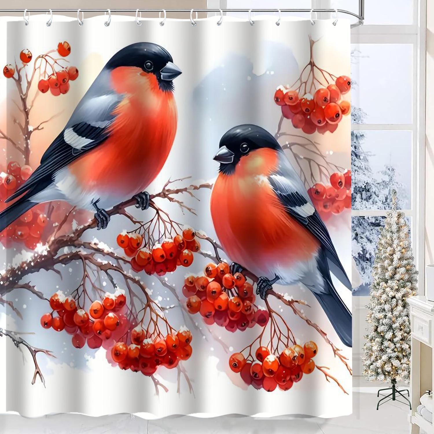 

Christmas Snowy Birds Print Bathing Curtain Bathroom Shower Curtain With 12 Hooks Bathroom Home Decor And Accessories W60H190(CM)-1 Pcs