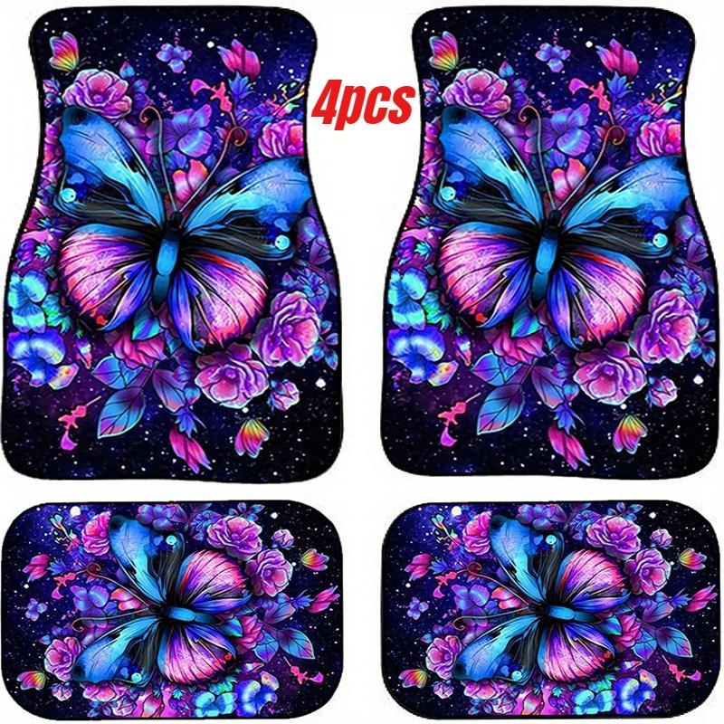 4pcs Vibrant Butterfly & Floral Car Floor Mats - Stylish, Easy-Clean Polyester, Fit for All Seasons,Perfect for Multiple Vehicle Models, Car Floor Mat 4pcs
